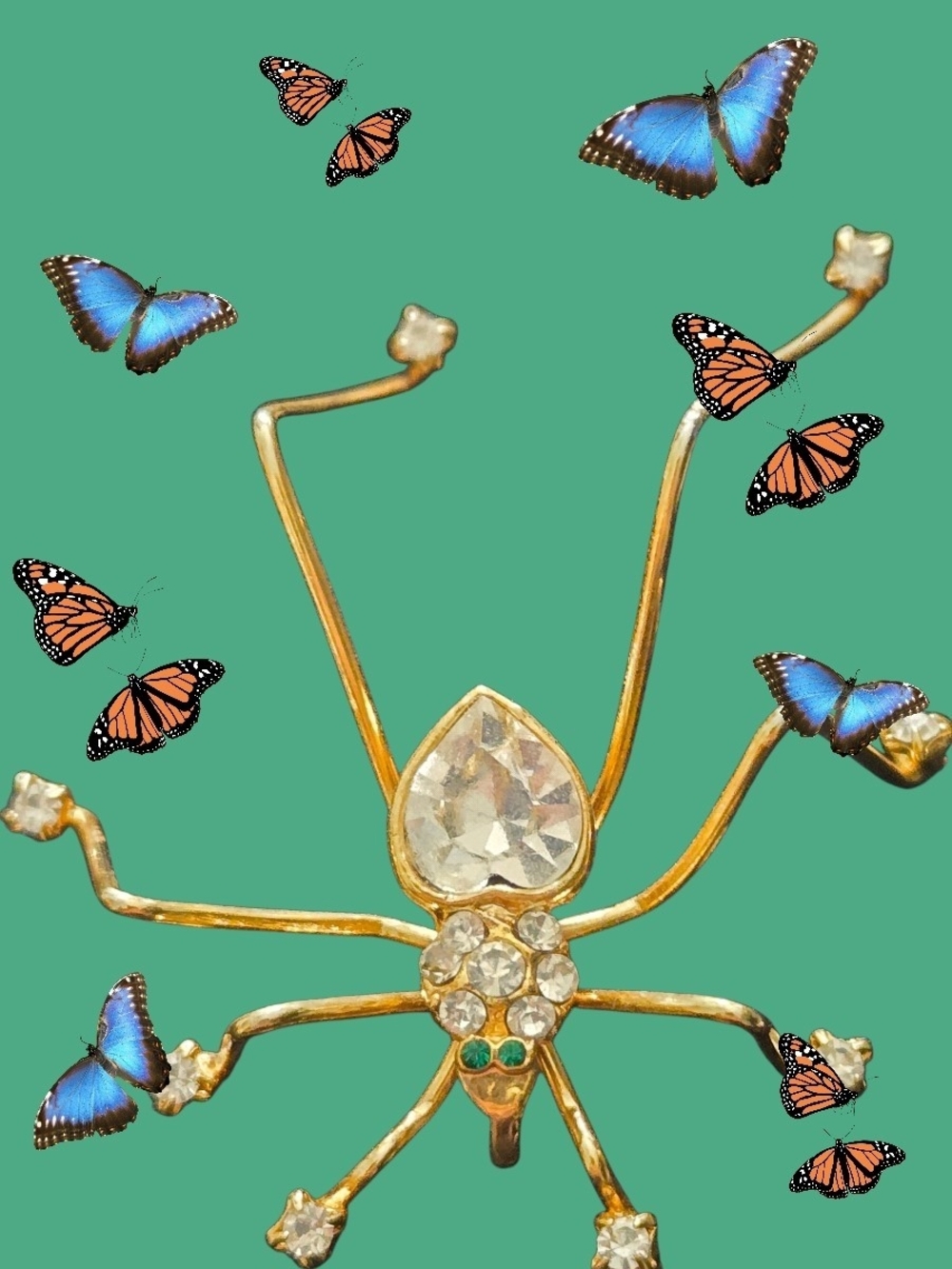 Gold-Tone Crystal Spider Brooch with Heart Main Rhinestone.